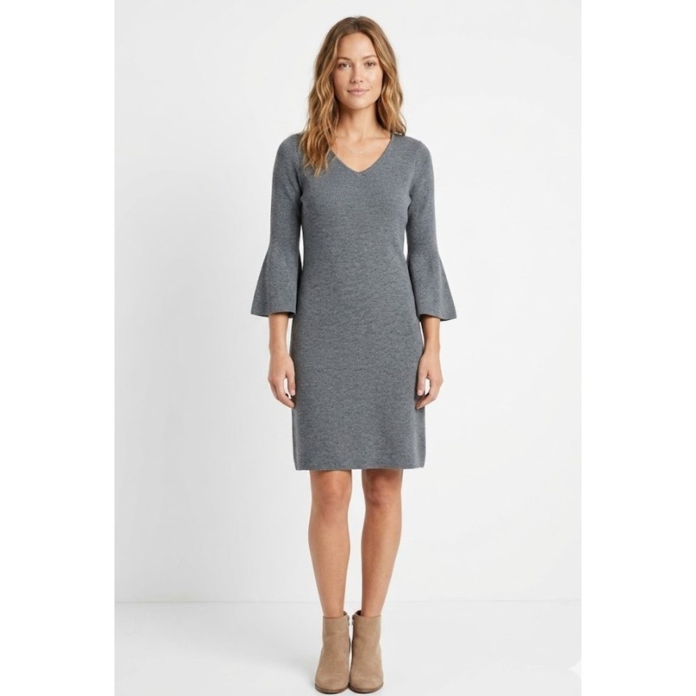 Talbots Merino Wool‎ Sweater Dress Small Gray Bell Sleeve V-Neck Knit Preppy